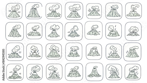 Volcanoes erupting in different stages collection vector illustration set