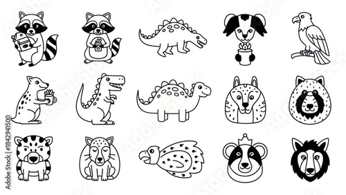 Cartoon animal illustrations set in black and white isolated on white