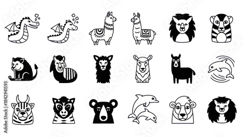 Cartoon animal illustrations set various creatures and outlines vector