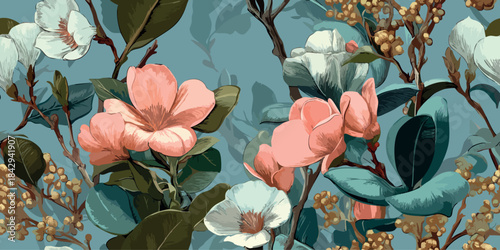 Luxurious floral seamless pattern with large pink and white blossoms and golden berries on a dusty blue background for textiles, fabrics, and exclusive branding