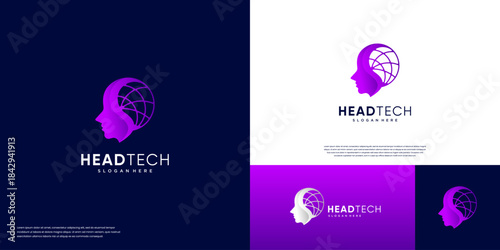 Human head logo with a digital database technology concept, global services, vector graphic template.