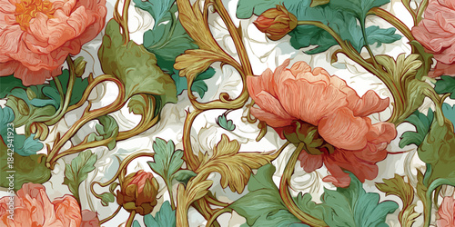 Artistic Art Nouveau seamless pattern with flowing coral peonies and golden green swirling vines for textiles, luxury wallpapers, and exclusive packaging