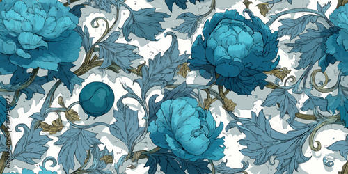 Elegant Art Nouveau seamless pattern with detailed blue and teal peonies and foliage for fabrics, luxury wallpapers, and sophisticated branding