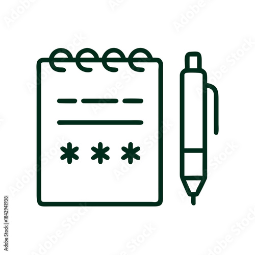 Notebook with password lines and pen over white background  