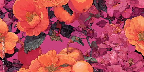Vibrant exotic fruit and floral seamless pattern featuring red apples and coral blossoms on a magenta background for textiles, fashion, and bold packaging