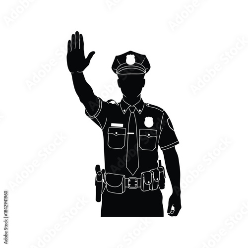 Black and white silhouette icon of a law enforcement officer signaling to stop.