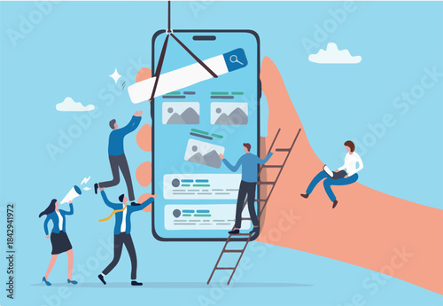 Build mobile app, webpage or user interface, UX, UI implementation, online website ideas, online marketing optimization concept, business people help building mobile application on smart phone