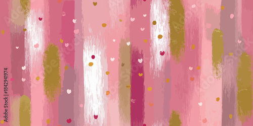 Romantic abstract seamless pattern featuring pink brush strokes and scattered golden glitter hearts for fabrics, stationery, and festive wrapping paper