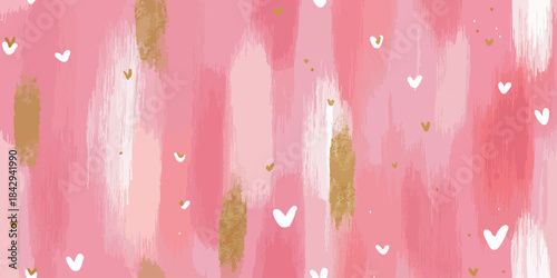 Romantic abstract seamless pattern featuring pink brush strokes and scattered golden glitter hearts for fabrics, stationery, and festive wrapping paper