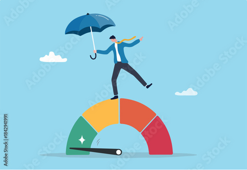 Risk mitigation, identify threat and control or prevent potential impact, reduce chance of failure, uncertainty, evaluate safety level, businessman with protection umbrella on risk gauge measuring