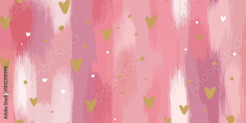 Romantic abstract seamless pattern featuring pink brush strokes and scattered golden glitter hearts for fabrics, stationery, and festive wrapping paper