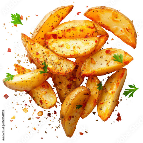Crispy Seasoned Potato Wedges with Herbs and Spices Top View isolated on transparent background
