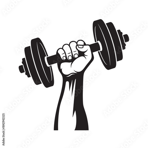 Fist Gripping Dumbbell in Black and White Vector Illustration