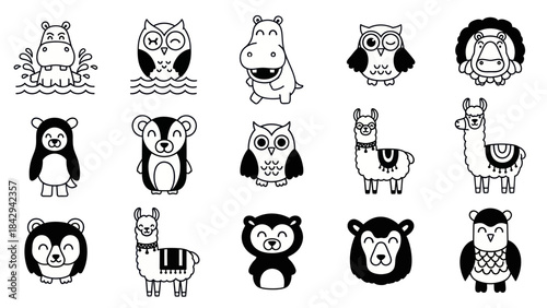 Collection of cartoon animals in black and white for creative design