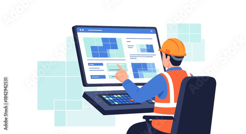 Digital blueprint analysis: Construction worker interacting with architectural software interface