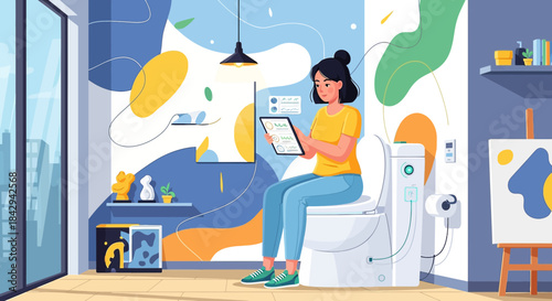 Digital convenience: Woman using tablet on smart toilet in stylish modern home setting