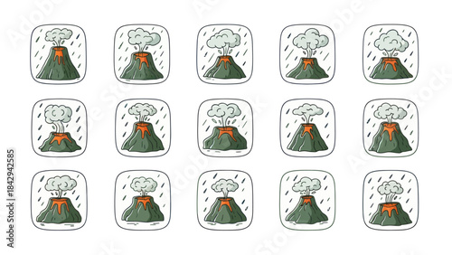 Cartoon volcano erupting sequence with clouds and rain in square frames