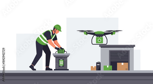 Drone technology and logistics for modern delivery systems worker charging battery