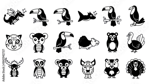 Cartoon animal icons vector illustrations of diverse wildlife collection