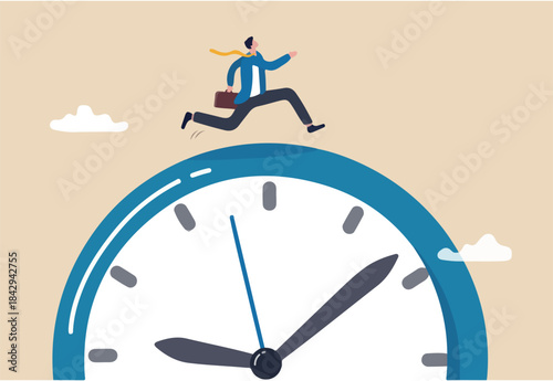 Time run out, deadline or hurry to go to the office late, urgency or determination to finish work fast, stressed or anxiety to complete work concept, hurry businessman run fast on time run out clock