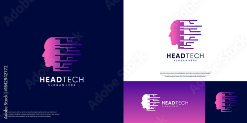 Human head silhouette logo with a digital data processing concept, integration between human intelligence and artificial technology, vector graphic template.