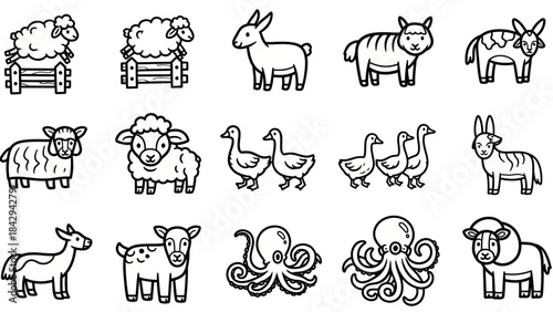 Cartoon farm animal icons in black and white for educational and design projects
