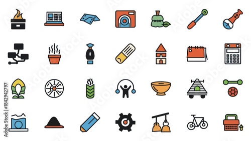 Collection of colorful vector icons representing various concepts and objects