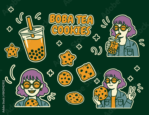 cookie and boba tea sticker design template illustration