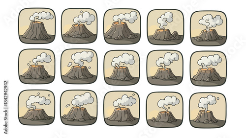 Cartoon volcano erupting sequence with smoke and lava isolated icons