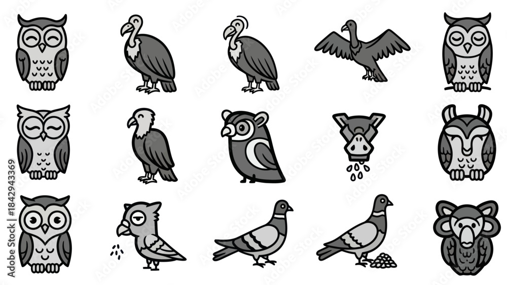 Obraz premium Cartoon bird illustrations owls vultures pigeons in vector style design