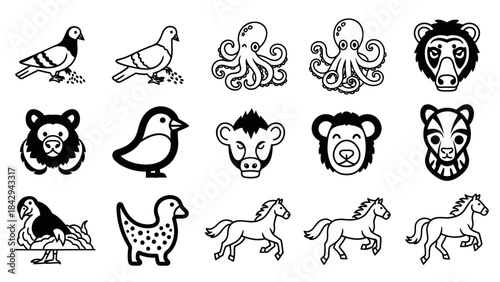 Collection of stylized animal illustrations in monochrome vector format