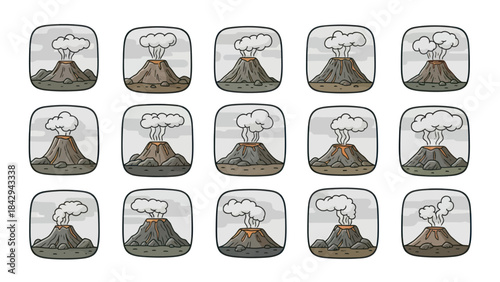 Cartoon volcano eruptions set vector illustration with clouds and smoke