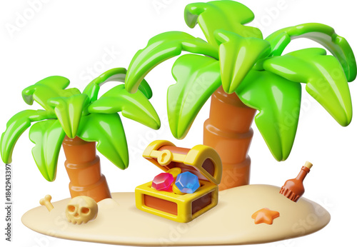 3D desert island with palm trees, a treasure chest, bones, a skull, and a bottle of rum.