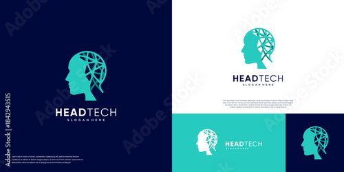 Abstract logo of a human head with interconnected neural networks, symbol of digital technology, vector graphic template.