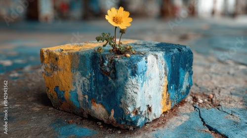 Bright yellow flowers grow from a weathered block of stone against a blue wall in an urban setting on a sunny day