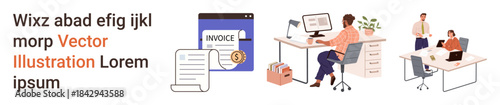 Finance management, workplace organization, remote work, teamwork, documentation, communication. ion of digital invoice, office desk and teamwork interaction. Finance management and workplace