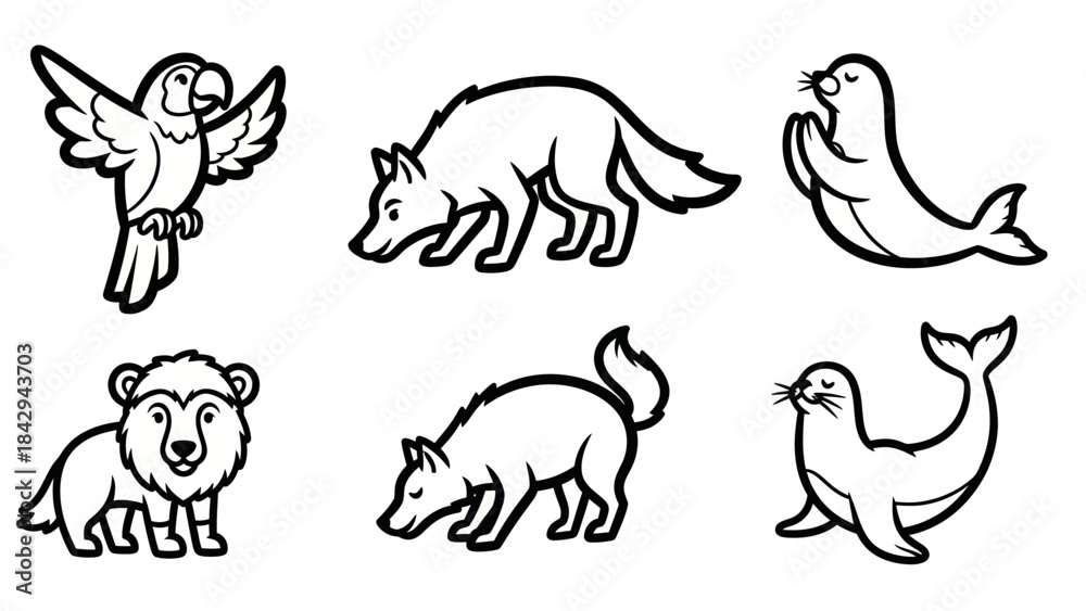 Fototapeta premium Cartoon animal illustrations in black and white for design projects and graphics