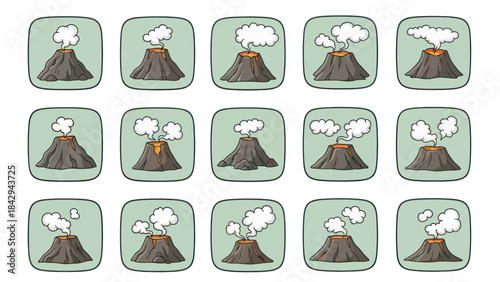 Cartoon volcano eruptions set vector illustrations of active volcanos
