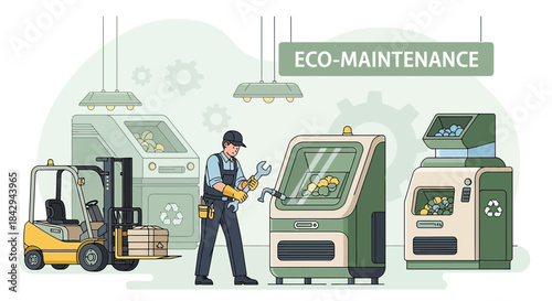 Eco-Maintenance and Recycling Facility with Technician Repairing Equipment inside Factory