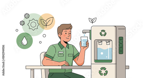 Embracing sustainability: An employee refills his glass with purified water from a dispenser