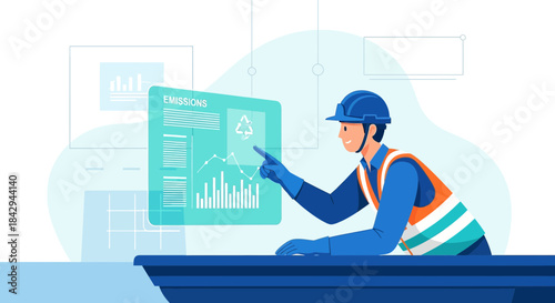 Engineer analyzes eco-friendly production performance using digital interface to reduce industrial