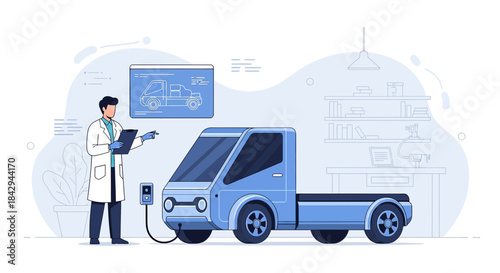 Engineer inspecting the blueprint of an electric truck while it's charging in a research facility