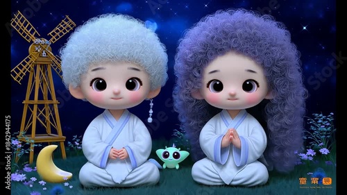 Two endearing, cartoonish figures sit peacefully under a night sky filled with stars.
