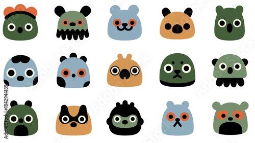 Collection of stylized cartoon creature illustrations in various shapes and colors