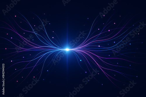 Bright glowing core radiating symmetrical particle lines representing artificial intelligence networks and futuristic data convergence