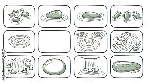Zen garden elements vector illustrations of stones and water patterns