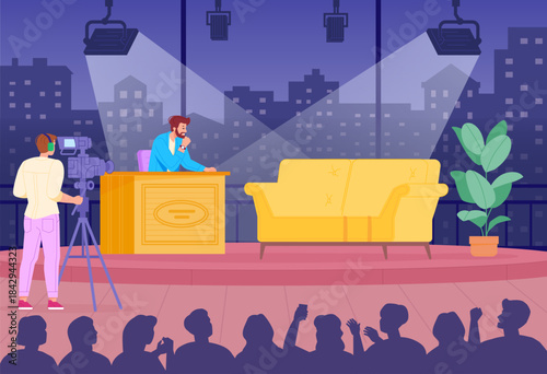 Tv interview show scene. Cartoon entertainment studio