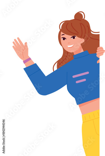 Girl waving hand from behind wall. Greeting person