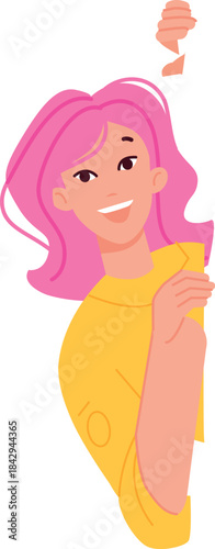 Woman look from behind wall. Cheerful cartoon girl