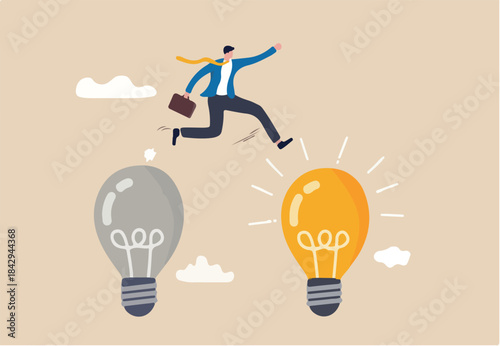 Business transformation, change management or transition to better innovative company, improvement and adaptation to new normal concept, smart businessman jump from old to new shiny lightbulb idea.